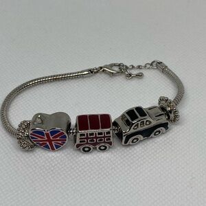 British Theme Silver Charm Bracelet Double Decker Bus Car Heart Travel